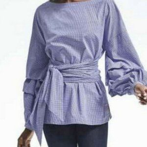 MAX JEANS blouse gingham puff long sleeve Boat neck Waist Tie size S cotton